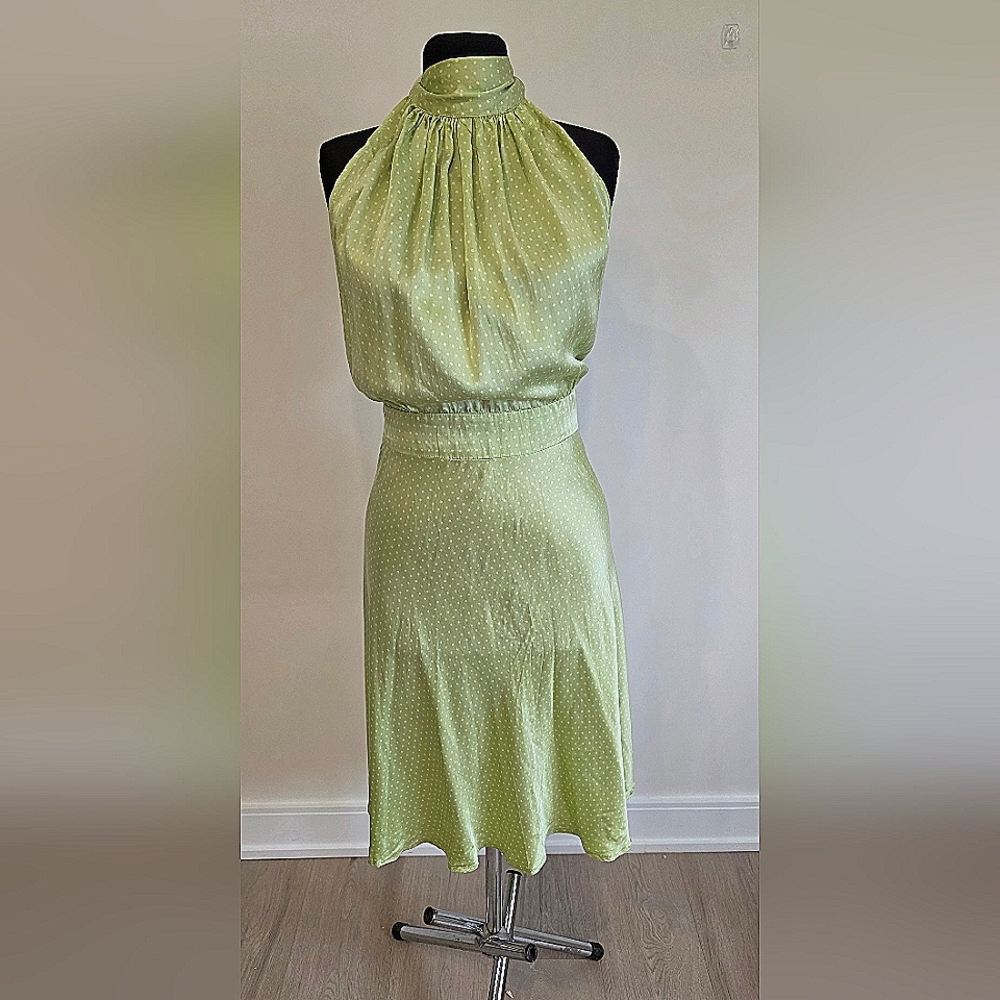 Tara Jarmon 100% Silk Green Polka Dot Halter Dress With Open Back EUR 38 US6